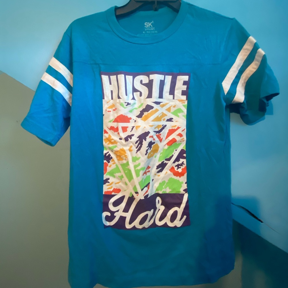 Hustle Hard Blue T shirt with striped sleeves